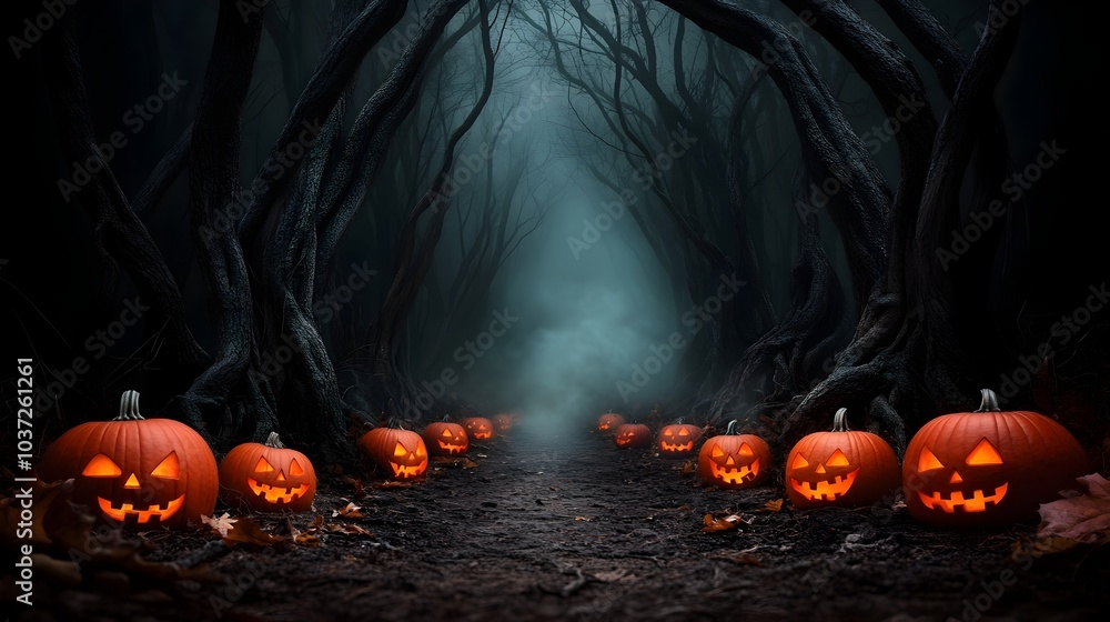 Poster spooky forest path lined with gnarled twisted trees on all hallows eve dark and foreboding atmospher