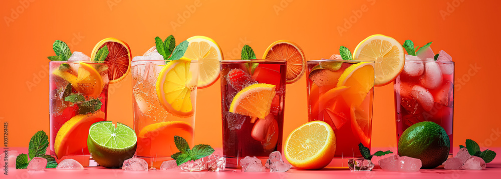 Poster row of colorful drinks with a red background. the drinks are in various colors and sizes, including 