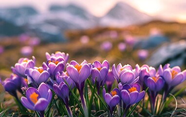 purple crocus flowers in the garden in early spring. soft focus