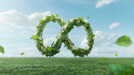 Obraz premium vibrant infinity symbol crafted from green leaves stands prominently on grassy field, symbolizing sustainability and natures beauty. clear blue sky enhances serene atmosphere