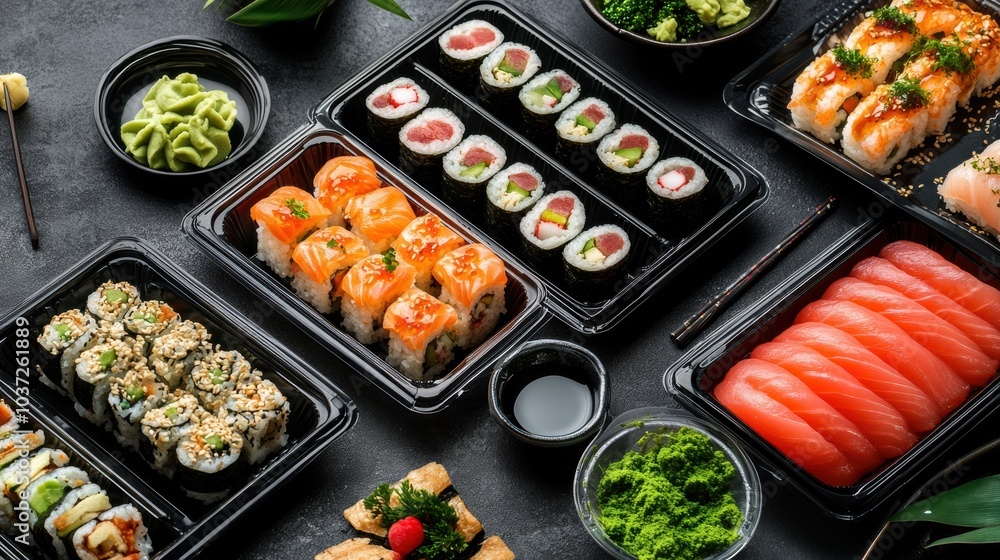 Poster delightful sushi options are artfully arranged on platters, ready for guests to enjoy at an elegant 