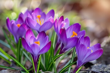 purple crocus flowers in the garden in early spring. soft focus