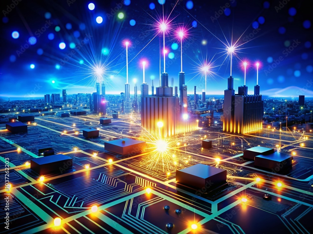 Poster high-tech circuit board connection system in night photography with abstract technology elements on 