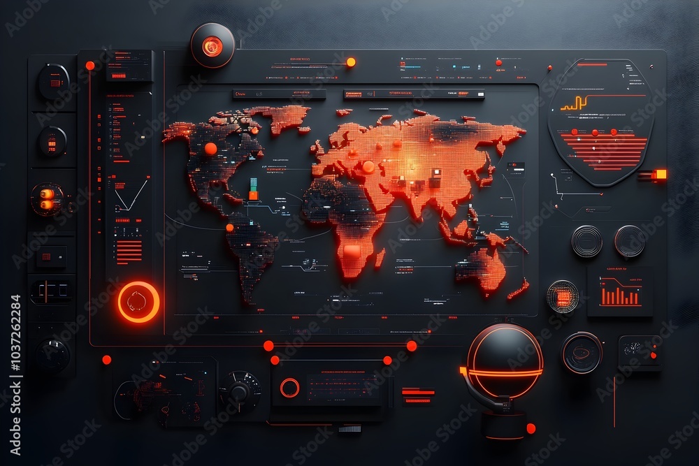 Poster futuristic control center overseeing worldwide logistics a massive interactive display of the globe 
