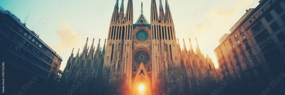 Wall mural a majestic cathedral bathed in the golden glow of sunset.