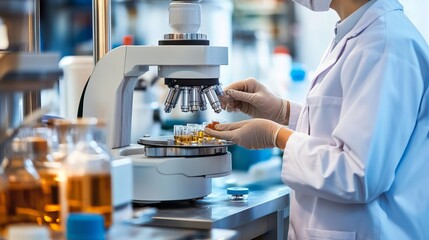 An unidentified operator or chemist tests moisture content in a sample using an automatic moisture balance, as part of quality control in the pharmaceutical industry