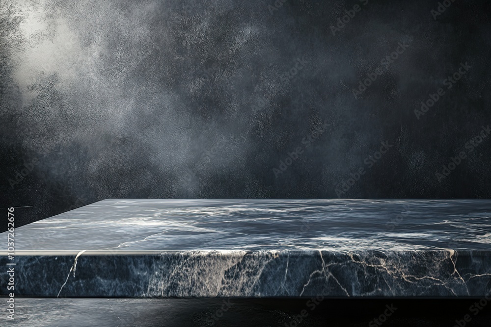 Poster abstract background with an empty marble tabletop and a dark gray wall, a banner for product present