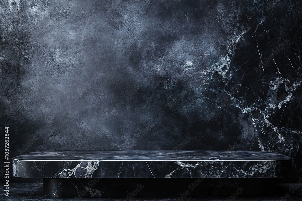 Poster abstract background with an empty marble tabletop and a dark gray wall, a banner for product present