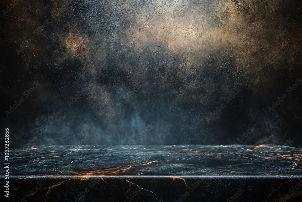 Poster abstract background with an empty marble tabletop and a dark gray wall, a banner for product present