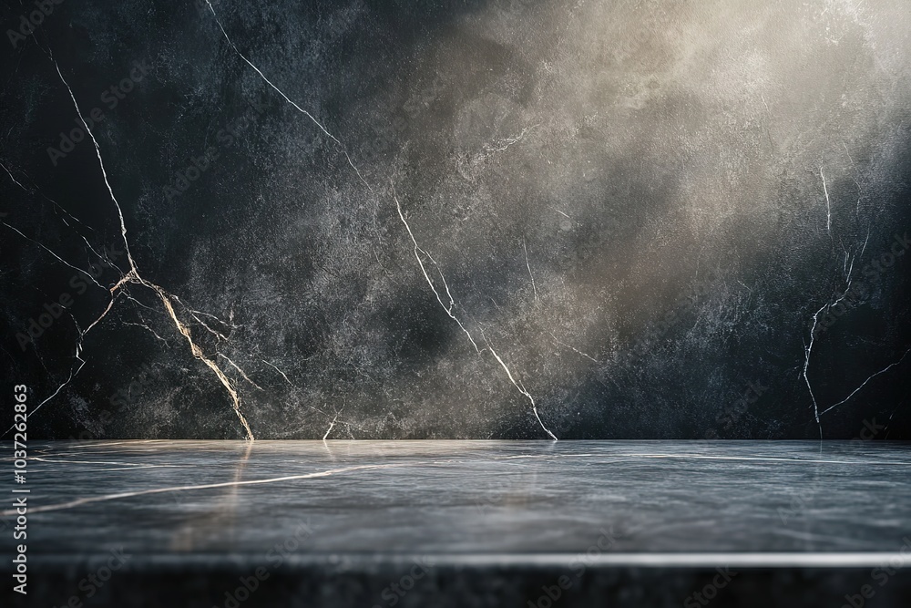 Poster abstract background with an empty marble tabletop and a dark gray wall, a banner for product present