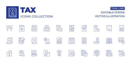 Tax icons collection. Thin Line icons, editable stroke. tax, receipt, protection, taxes, house, inheritance, calendar, calculator, calculation, book, bill, accounting