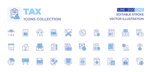 Tax icons collection. Line Duotone style, editable stroke. tax, receipt, accounting, house, pie chart, insurance, credit card, pay, taxes, taxation, loan, investment, vat