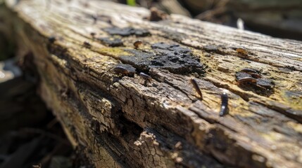 Close-up of a Weathered Wooden Plank with Insects