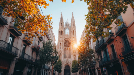 Fototapeta premium A grand cathedral stands tall, bathed in the warm glow of the setting sun, as seen from a narrow street lined with trees.
