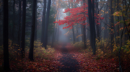 Fototapeta premium Misty autumn morning in the woods with colorful leaves scattered across the forest floor and fog among the trees 