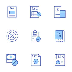 Tax icons set. Line Duotone style, editable stroke. tax, receipt, accounting, pie chart, investment