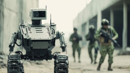 A military robot unit deployed in a combat zone, reconnaissance and tactical operations in progress, Defense robotics style