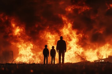 Fototapeta premium Silhouettes of two children and an adult against a backdrop of a fiery blaze.
