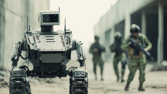 A military robot unit deployed in a combat zone, reconnaissance and tactical operations in progress, Defense robotics style