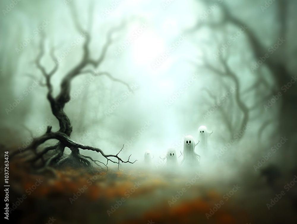 Poster ghosts and goblins drifting through a misty ancient forest on all hallows eve a haunting procession 