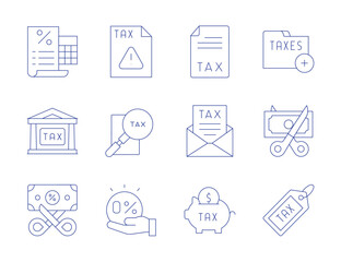 Tax icons. Thin Line style, editable stroke. warning, taxes, tax free, tax, savings, tax office