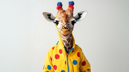 Giraffe calf dressed in a playful costume standing on a white background