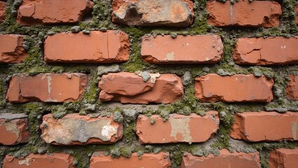 Close up of weathered red brick wall with moss between mortar lines