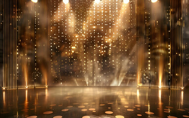 Fototapeta premium The background of the stage is composed of golden dots, with spotlights shining on it from both sides