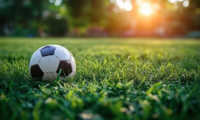 Obraz premium A weathered soccer ball resting on lush green grass under soft afternoon light