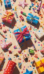 Colorful party decorations on wooden surface.