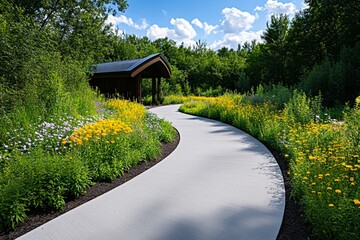 A path lined with Goldenrod and other wildflowers, leading into a quiet forest