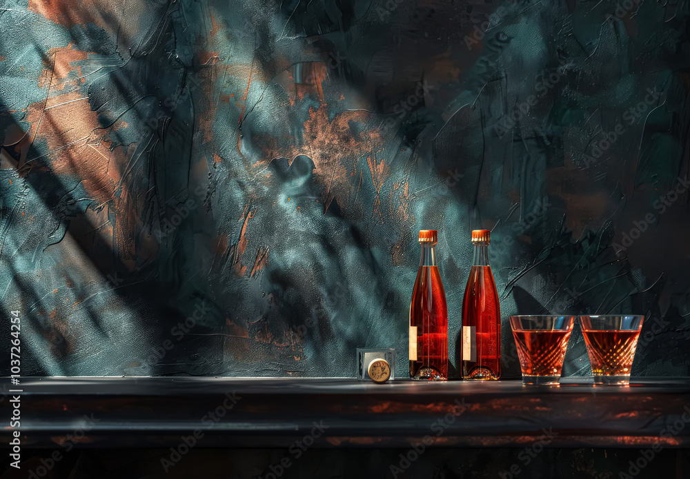 Poster bottle of liquor sits on a counter next to two other bottles and three glasses. the scene is set in 