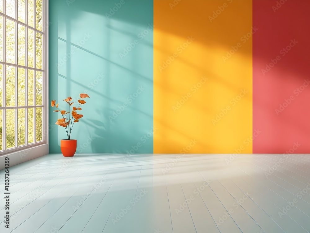 Poster luminous 3d studio space with bold vibrant hues sleek floor and wall design showcasing a dynamic pro