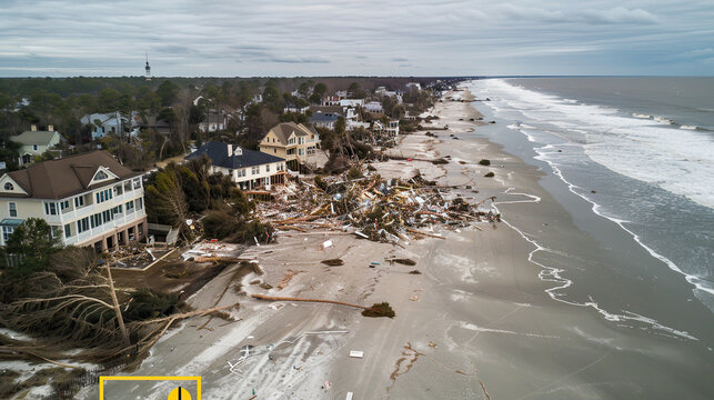 Aerial view of a coastal town devastated by a hurricane, showing uprooted trees, destroyed homes, and debris scattered across the beach. The overcast sky emphasizes the somber aftermath of the powerfu