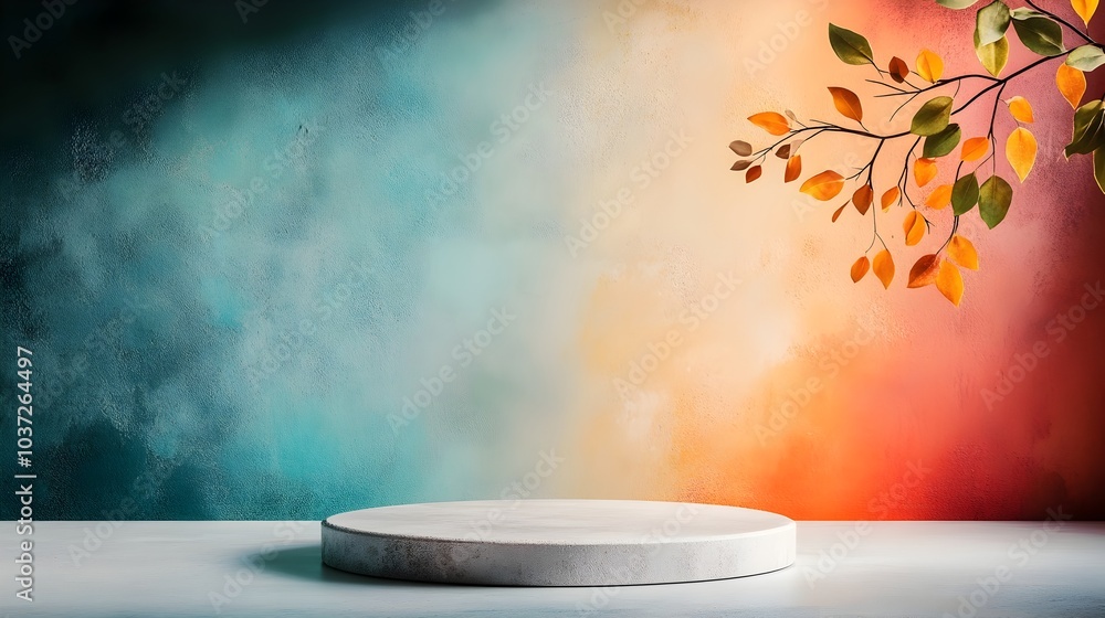 Poster luminous 3d studio space featuring a chromatic backdrop sparse floor and wall and a product platform