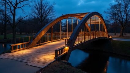 Fototapeta premium Elegant arched bridge over river with illuminated path at night