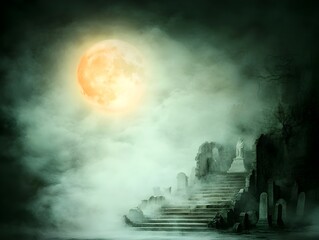 Eerie and Atmospheric Abandoned Graveyard at Midnight with Crumbling Tombstones and Statues Shrouded in Mist Mystical Moonlight Glowing Ominously Through the Clouds
