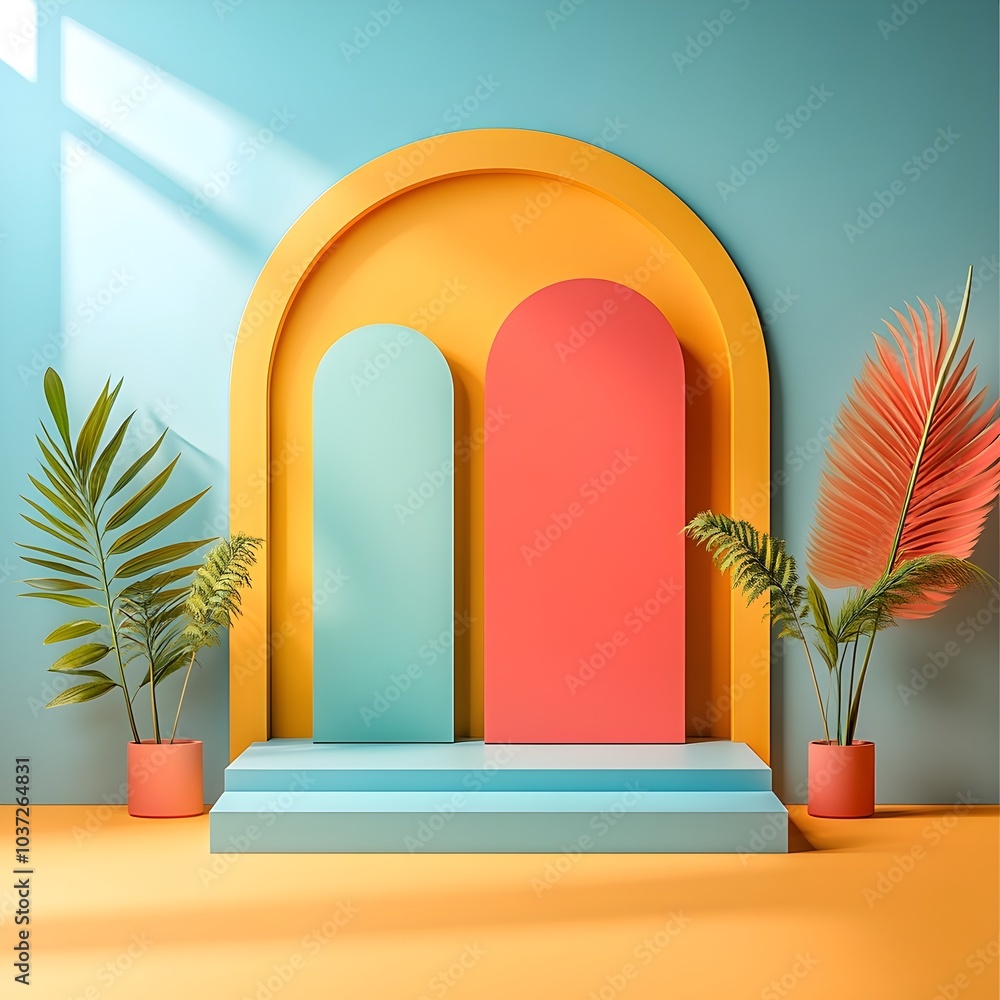 Poster luminous 3d studio setting with a vibrant chromatic backdrop minimal floor and wall elements and a d