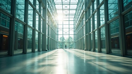 Modern atrium with glass ceiling sun rays casting reflections on tiled floor