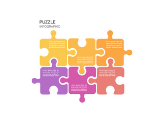 Puzzle infographic with 6 piece business presentation. Circle infograph. 6 Step puzzle round process diagram.