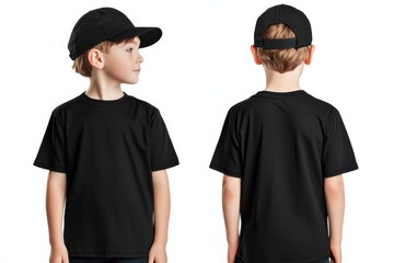 Boy wearing black cap and t-shirt, standing sideways against white background.