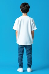 Fototapeta premium Boy in a white shirt standing against a blue background.