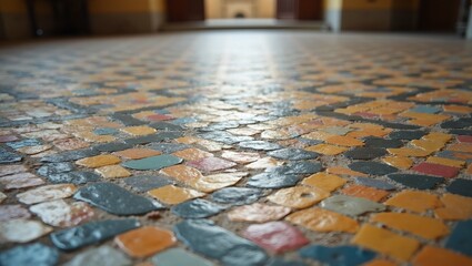 Naklejka premium Vibrant mosaic tiled floor in historic building aged with colorful geometric patterns