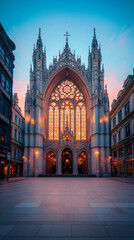 Obraz premium A grand cathedral with intricate details stands tall against a soft, pastel sky.