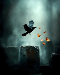 Fototapeta premium Eerie graveyard setting shrouded in a dense ethereal mist weathered headstones and crumbling monuments a lone raven spreading its wings and taking to the air