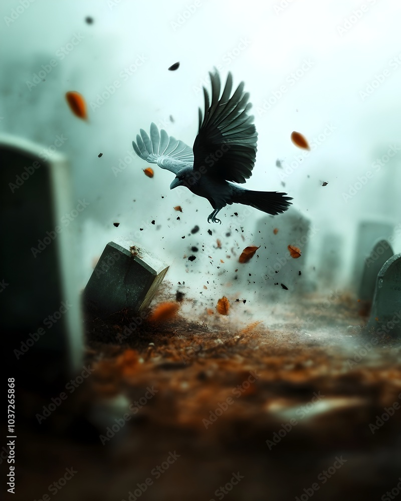 Poster haunting and atmospheric graveyard scene shrouded in a dense ethereal mist with weathered headstones