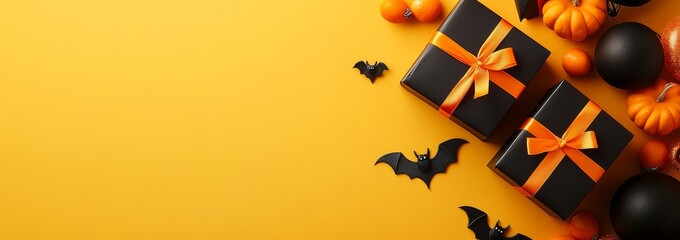 Halloween concept featuring black gift boxes with orange ribbons and bat-shaped candies on a yellow background. Flat lay design for holiday party decorations, ideal for advertising or website banners.