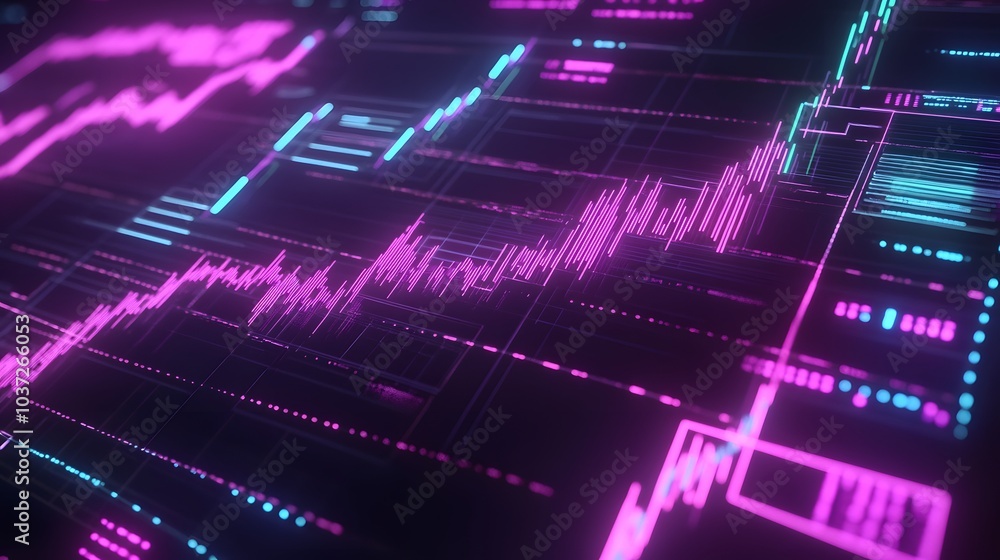 Poster A vibrant digital visualization of data trends, showcasing fluctuating graphs in neon colors against a dark background.