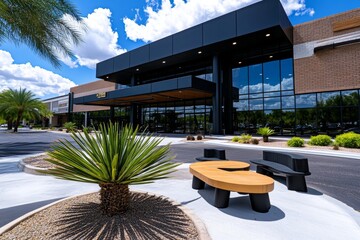 A striking Yucca plant growing near a modern building, adding a natural touch to the urban landscape