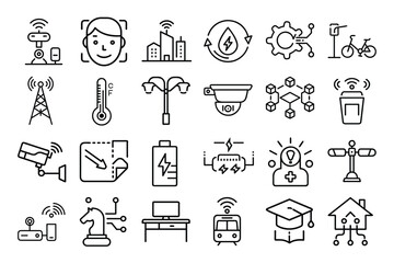 Set of 24 Smart City Outline Icons - Line Art Design for Digital and Printable Use